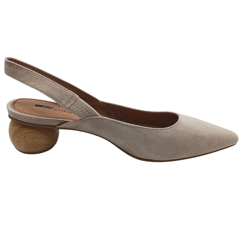 NIB Matiko Circa Suede Slingback Pumps Wooden Orb Heel Pointed Toe Size 37 Peach